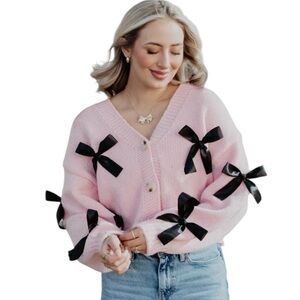 NWT Katydid Pink Sweater with Black Bow Accents